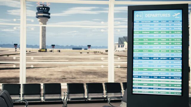 Screen listing flight schedules and boarding gates in airport with no people, showcasing a bright terminal with lounge. Empty departure area within international transport hub, air travel.