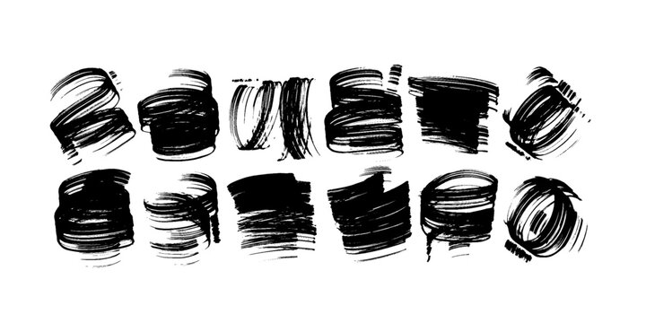 Grunge strokes textures set. Ink roller square backgrounds. Painted artistic textured stains. Vector hand drawn abstract shapes.