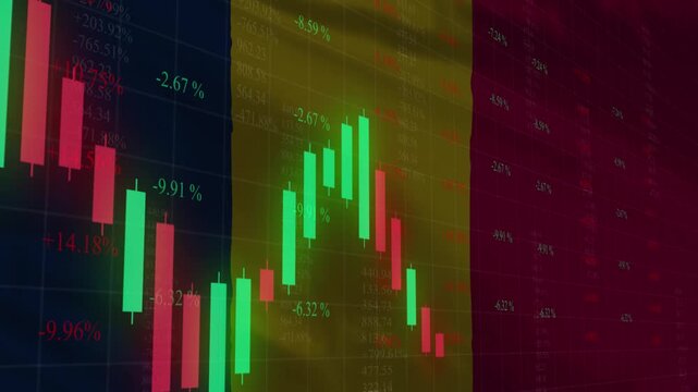 Financial Bar Chart with a Flag: An abstract representation of financial data overlaid on a waving national flag, symbolizing the interplay between economy and country.