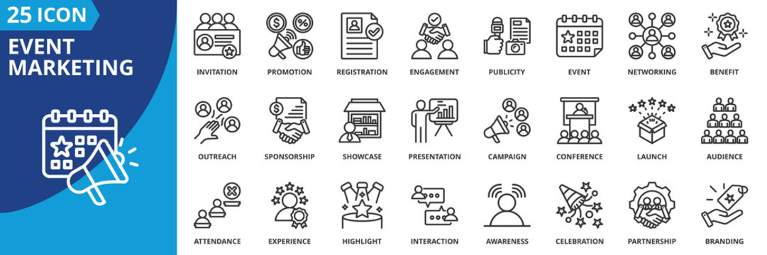 event marketing icon set collection in outline style. icon pack contain advertising, attendance, audience, awareness, benefit, booth, branding, business, campaign, celebration icon