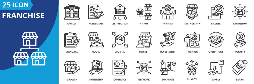 franchise icon set collection in outline style. icon pack contain agreement, brand, chain, contract, distribution, expansion, growth, investment, license, location icon