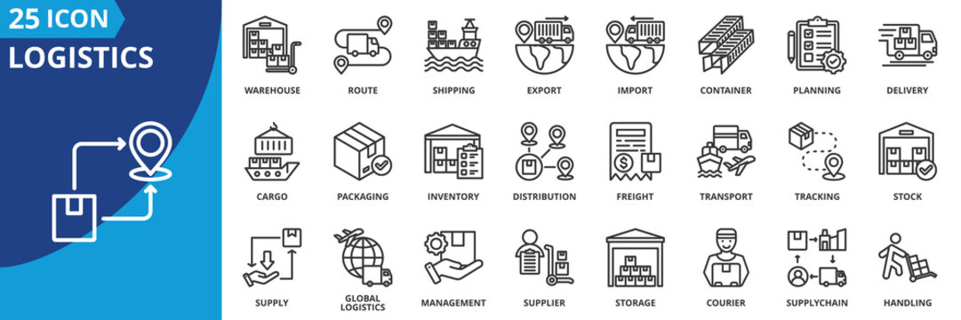 logistics icon set collection in outline style. icon pack contain business, cargo, container, control, coordination, courier, delivery, demand, distribution, export icon