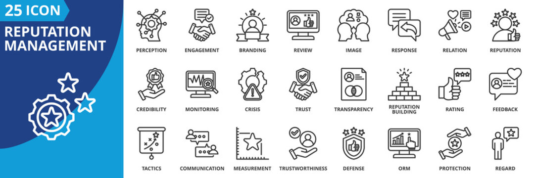 reputation management icon set collection in outline style. icon pack contain branding, communication, credibility, crisis, defense, engagement, feedback, image, influence, measurement icon