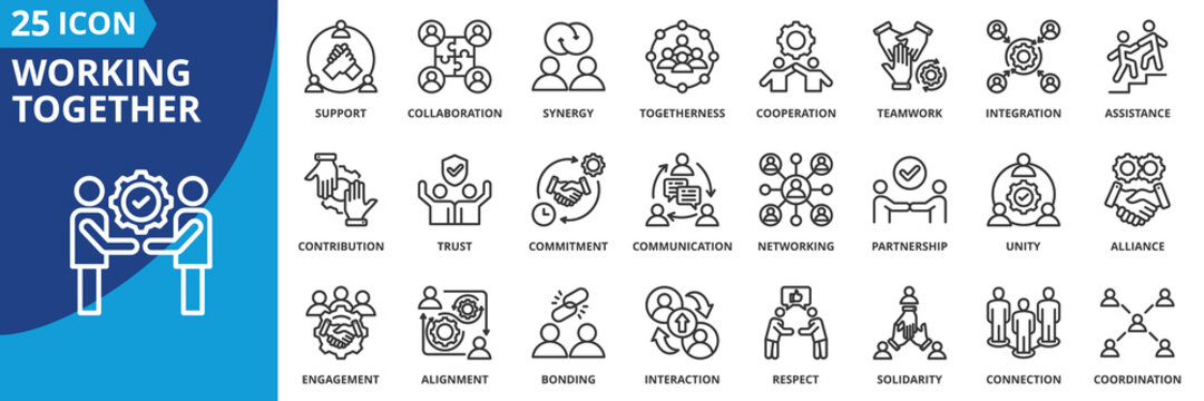 working together icon set collection in outline style. icon pack contain agreement, alignment, alliance, assistance, bonding, coaching, collaboration, commitment, communication, community icon