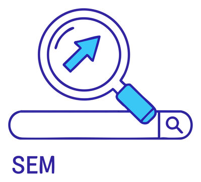 SEM Illustration Search Engine Marketing Concept with Magnifying Glass and Arrow.