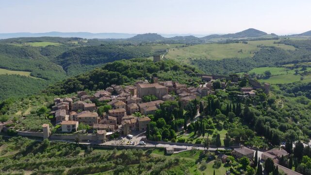 Aerial View of Monticchiello and Cypress Trees, Tuscany, Italy
