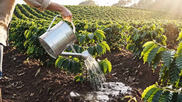 Person watering coffee plants in a sunlit agricultural field.