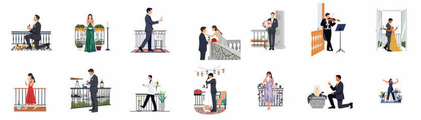 Fototapeta premium Collection of flat vector illustrations depicting romantic marriage proposal scenes and celebrations on various elegant balconies with couples and decorations.