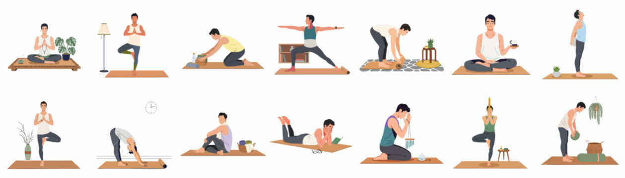 Flat illustration collection of a man practicing various yoga poses meditation and mindfulness activities at home for wellness and mental health