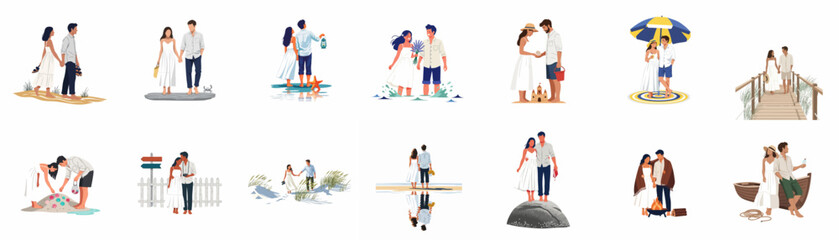 A collection of flat illustrations showing a romantic couple enjoying various summer beach activities, from walking on sand to building sandcastles. © Telu