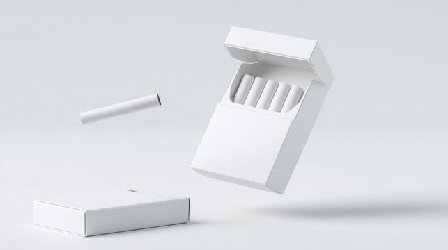Floating cigarette pack with single cigarette on clean background, showcasing smoking product mockup, minimal design, and modern presentation concept.