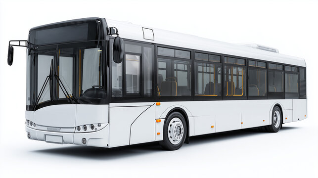 Modern white city bus exterior in three quarter front side view, clean minimal design ideal for branding, advertising mockup with ample copy space.