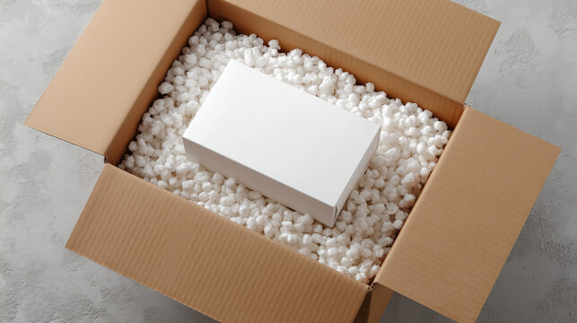 Cardboard box with protective foam peanuts and product box, showcasing secure packaging, shipping safety, and e commerce delivery concept.