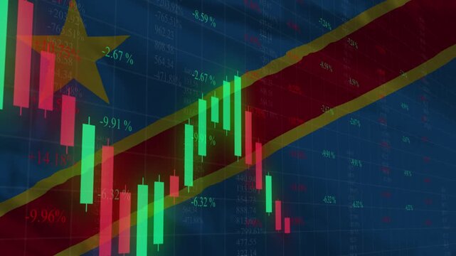 Financial Landscape of Democratic Republic of Congo: A complex visual narrative interweaves the national flag of the Democratic Republic of Congo with dynamic stock market data.