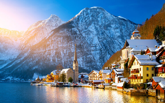 View of famous Hallstatt lakeside town in the Alps. Village in Austria