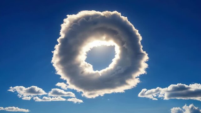 A ring-shaped cloud formation against a blue sky with sunlight shining through