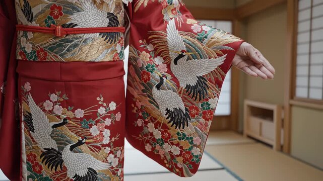 Traditional Japanese kimono with crane and floral patterns worn indoors.