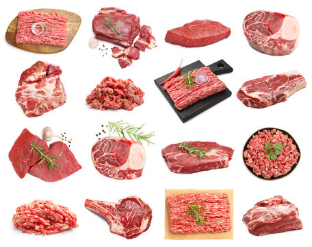 Raw beef pieces and minced meat isolated on white, collage