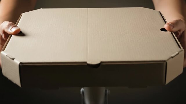 A person holds a closed, rectangular cardboard box with their fingers
