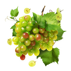 Obraz premium Fresh juicy grapes and green leaves on transparent background