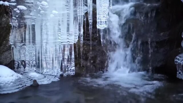 Frozen Waterfall Icicles and Flowing Water in Winter Nature Scene.