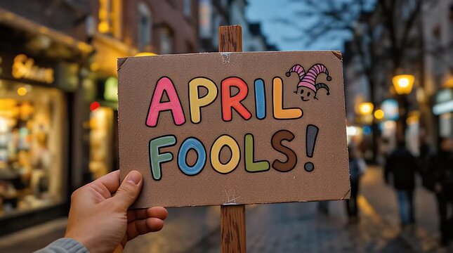 Hand Holding April Fools Day Sign on Blurred City Street at Night