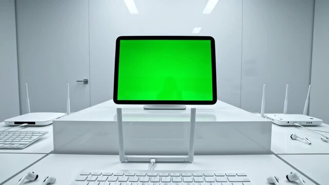 Modern workspace with a green screen tablet on a stand surrounded by wireless routers and a keyboard.