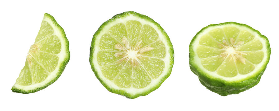 Bergamot pieces isolated on white, set. Citrus fruit