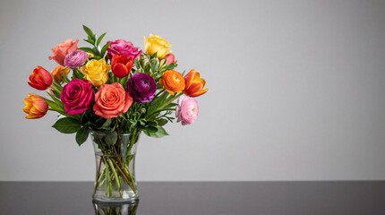 Fototapeta premium A beautiful bouquet of colorful roses and tulips in a clear glass vase on a dark table against a light gray background.