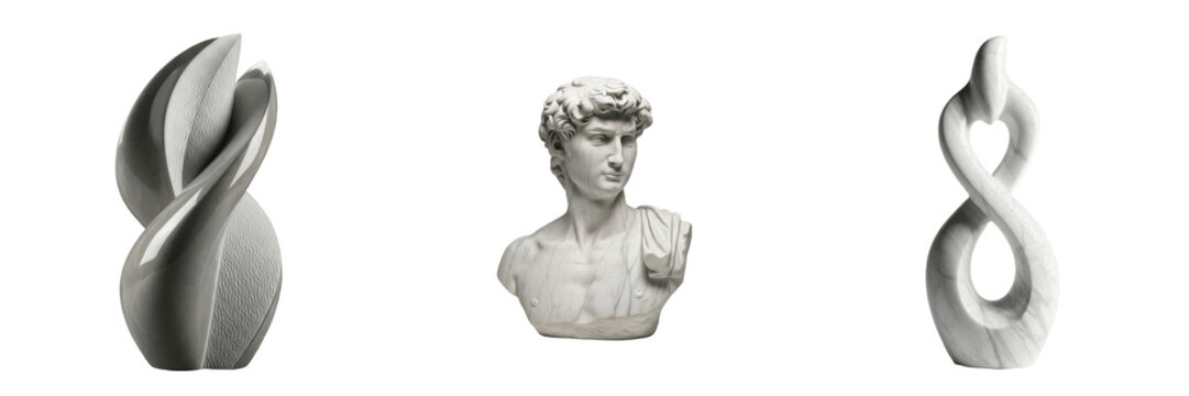 Set of three white marble sculptures including classical David bust and abstract modern art isolated on white