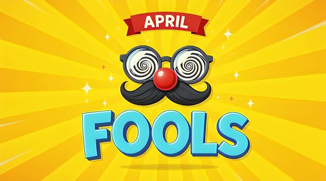 April Fools Day Graphic with Funny Mask on Yellow Sunburst