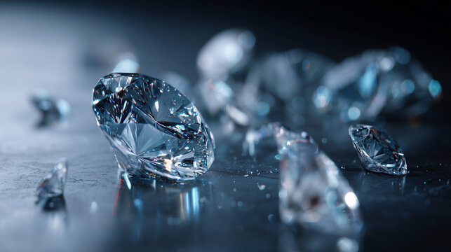 Sparkling diamonds on reflective surface with dramatic lighting, luxury gemstone concept symbolizing elegance, wealth, and high end jewelry.