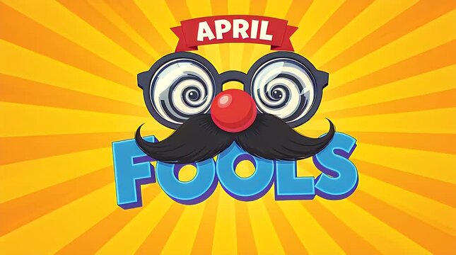 April Fools Day Graphic with Funny Mustache Glasses and Blue Text