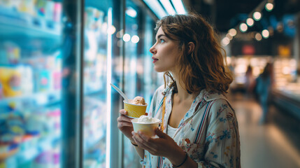 Woman enjoying ice cream while looking at display in evening market, casual lifestyle, sweet treat, and urban leisure shopping experience.
