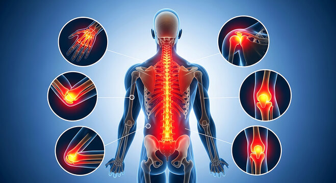 Human skeleton showing joint pain and inflammation in spine shoulder knee and hand