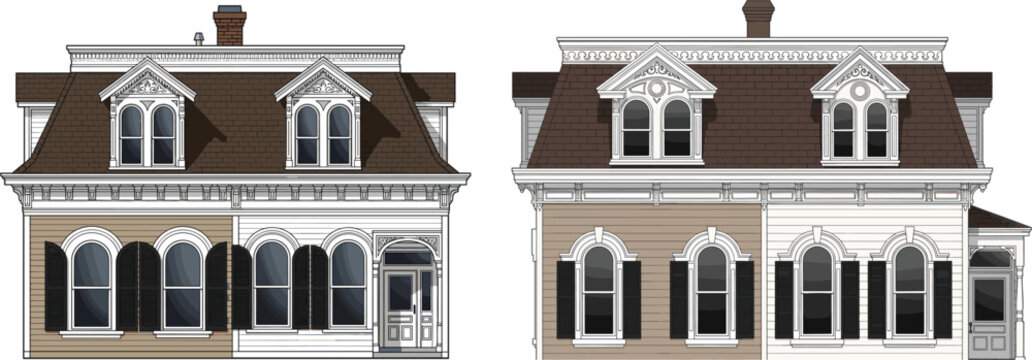Set of vintage Victorian style house vector illustrations featuring detailed architectural facades with mansard roofs