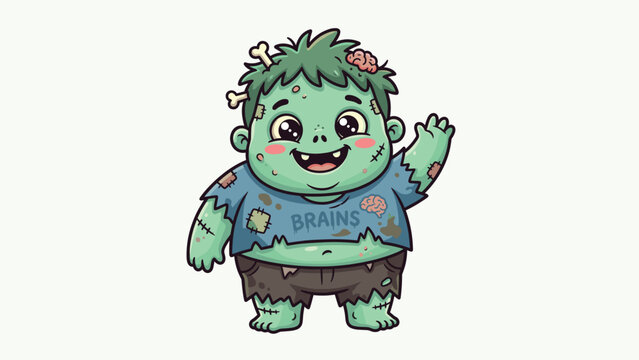 Cute Smiling Zombie Boy Character Waving Halloween Brains