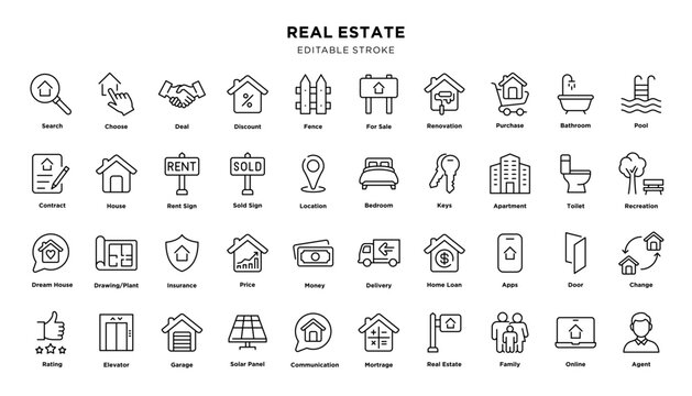 Real estate icon set with editable stroke