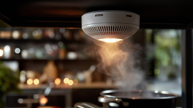 Ceiling-mounted smoke detector emitting alarm as smoke fills a home kitchen, symbolizing early fire warning. Defocused kitchen background. Kitchen fire safety, smoke detector