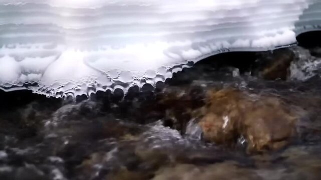Close up of ice formations over a flowing river in winter.
