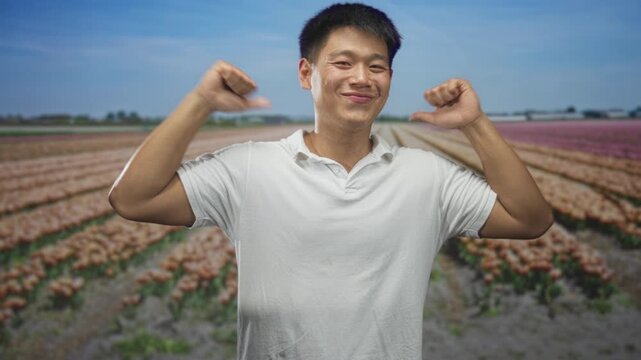 Man pointing thumbs to chest in studio with tulip field backdrop, wearing white polo and smiling with closed eyes; self pride.