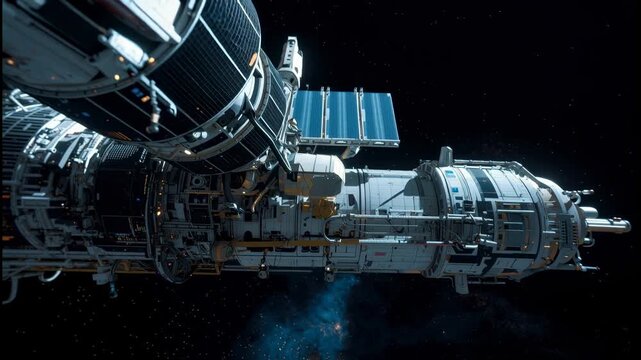 Futuristic space engineering modular station orbital habitat spacecraft exterior docking module