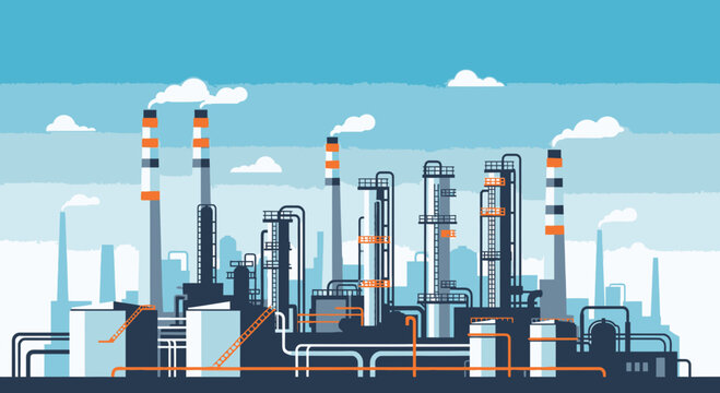 Industrial factory with smokestacks and pipes.