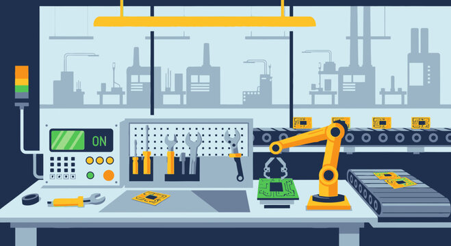 Industrial robotic arm in factory setting.