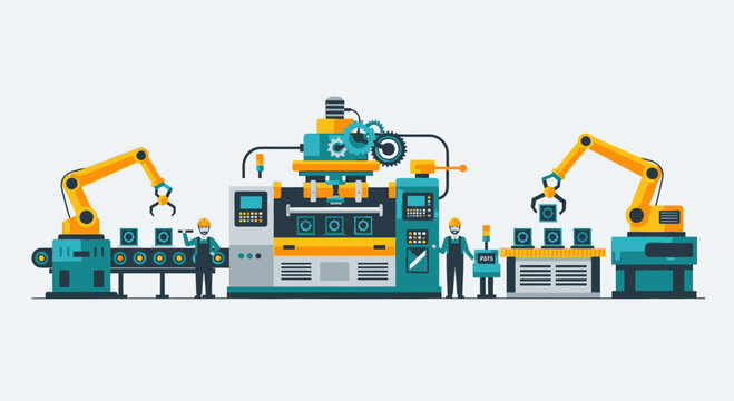 Industrial robots in a factory setting.