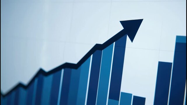 Upward blue ascending bar chart with arrow indicating growth and confidence showing rising