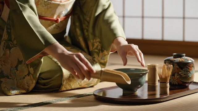 Traditional Japanese tea ceremony with woman in kimono preparing matcha tea.