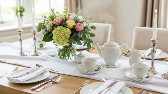 A table set for tea with a floral centerpiece and elegant dinnerware