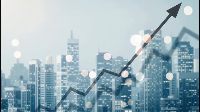 Blurred city skyline with ascending growth arrow and skyscraper buildings showing optimistic