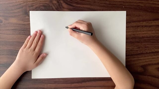 Child writing number seven on A4 paper with black pen in slow motion, top view, no sound